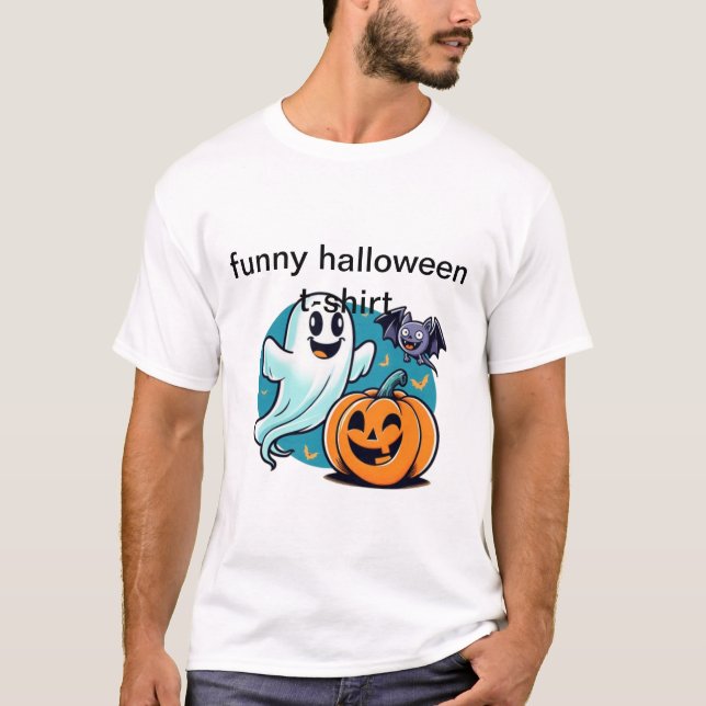 Camiseta Engraçada do Halloween com Fantasma, Bat, (Frente)