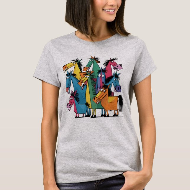 Camiseta Engraçada Engraçada, Cavalos Coloridos, Abstrato (Frente)