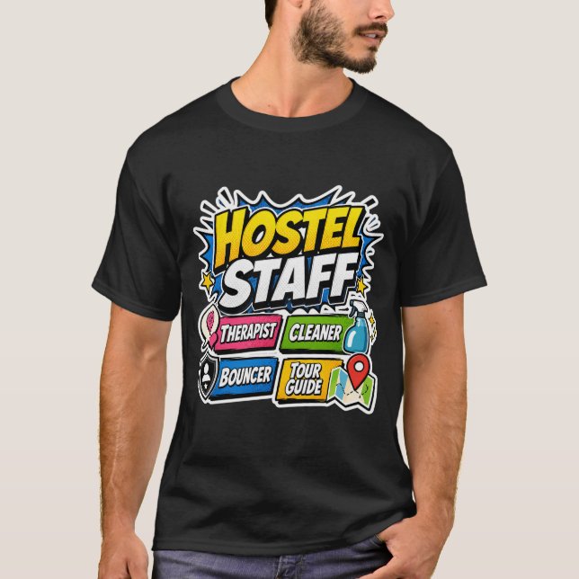 Camiseta Engraçada para Funcionários de Hostel  (Frente)