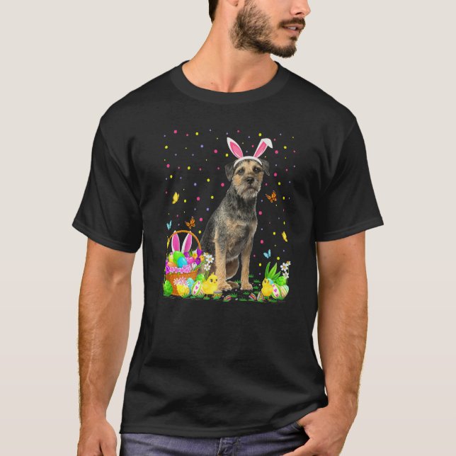 Camiseta Engraçada Páscoa Caçadora de Ovos Borda Terrier Pá (Frente)