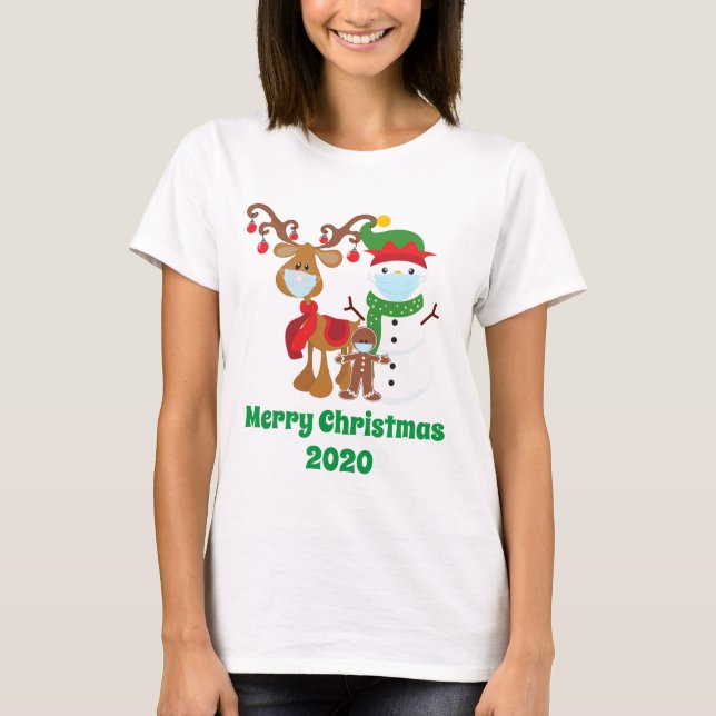 Camiseta Engraçado 2020 Reindeer Snowman máscaras de rosto  (Frente)