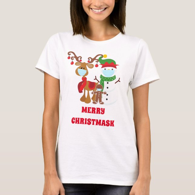 Camiseta Engraçado 2021 Reindeer Snowman máscaras de rosto  (Frente)