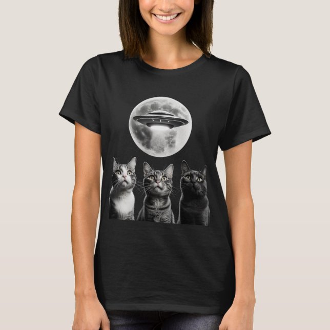 Camiseta Engraçado 3 Gatos Assustados Lua OVNI Alienígena I (Frente)