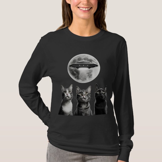 Camiseta Engraçado 3 Gatos Assustados Lua OVNI Alienígena I (Frente)