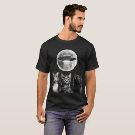 Camiseta Engraçado 3 Gatos Assustados Lua OVNI Alienígena I