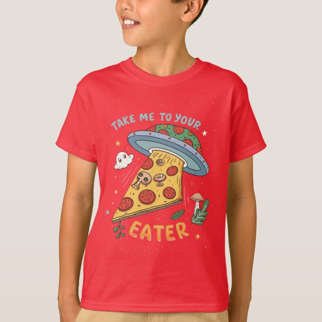 Camiseta Engraçado Abdução de Pizza de Alienígena - Leve-me (Frente)