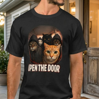 Camiseta Engraçado "Abra a Porta" Meme Felino Humorístico