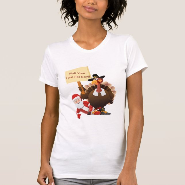 Camiseta Engraçado Ação De Graças Esperar Sua Vez De Gato E (Frente)