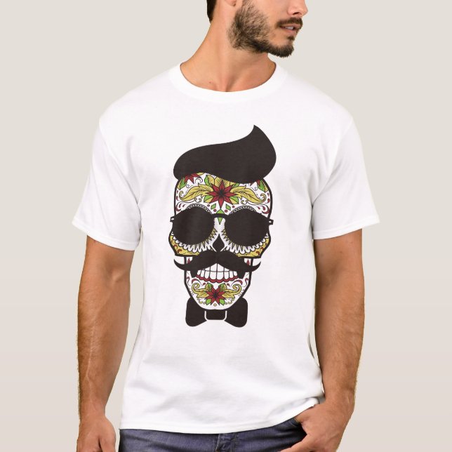 Camiseta Engraçado Açúcar Hipster de crânio Nerd de bigode  (Frente)
