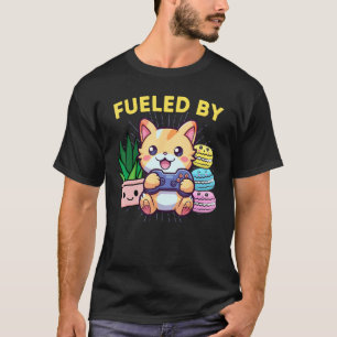 Camiseta Engraçado Alimentado Por Gato Gamer Planta Macaron