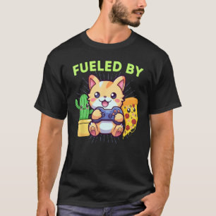 Camiseta Engraçado Alimentado Por Gato Gamer Planta Pizza &