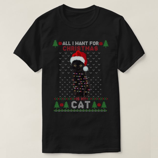 Camiseta Engraçado Ama Gato Bonito Gato Papai Noel Feliz Na (Frente do Design)