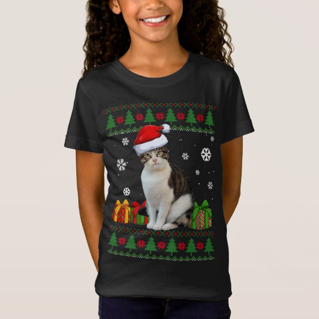 Camiseta Engraçado Ama Gato Bonito Gato Papai Noel Feliz Na (Frente)