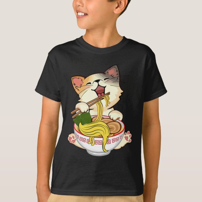 Camiseta Engraçado Anime Kamala Gato Comendo Ramen Torra No (Frente)