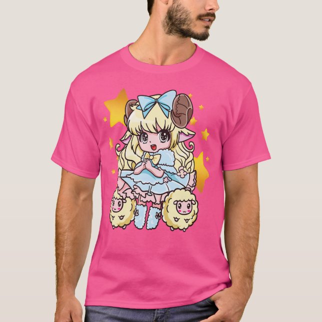 Camiseta Engraçado Anime Kawaii Chibi Ovelino Beijo (Frente)