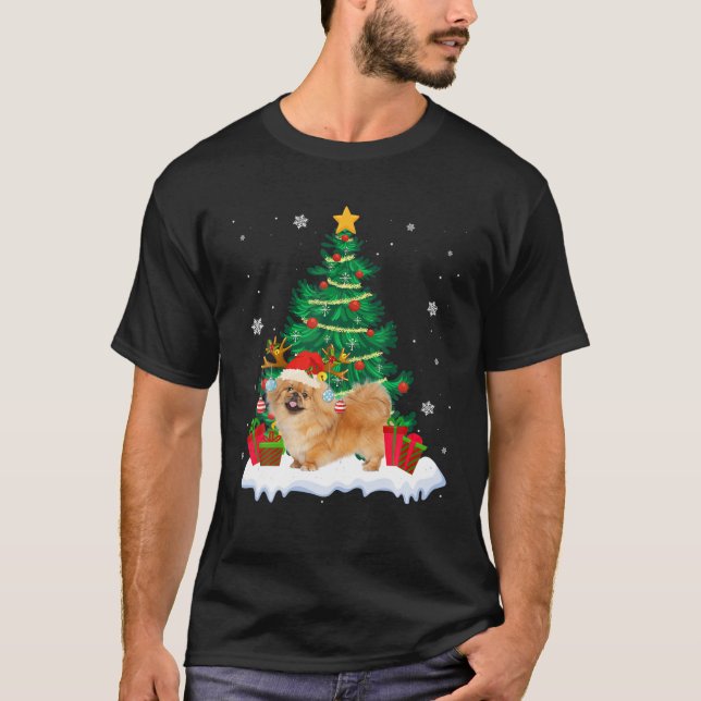 Camiseta Engraçado Árvore de Natal Pekingense dotado de cac (Frente)