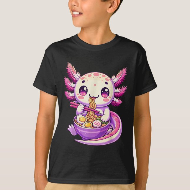 Camiseta Engraçado Axolotl Noodle Anime Kawaii Axolotl come (Frente)