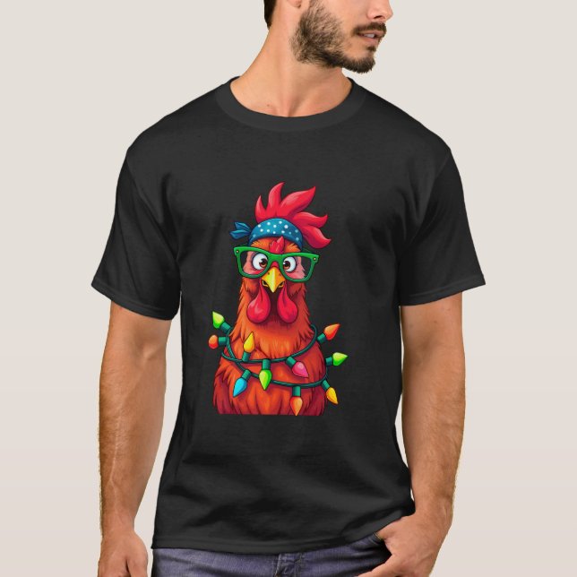 Camiseta Engraçado Bandana Galinha de Natal Luzes Tee Xmas  (Frente)
