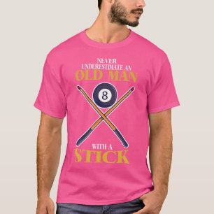 Camiseta Engraçado Billiard Old Man Com Stick E Billiard Ba