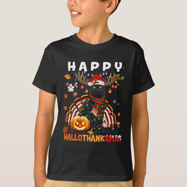 Camiseta Engraçado Black Cat Halloween Natal Cat Hall Feliz (Frente)