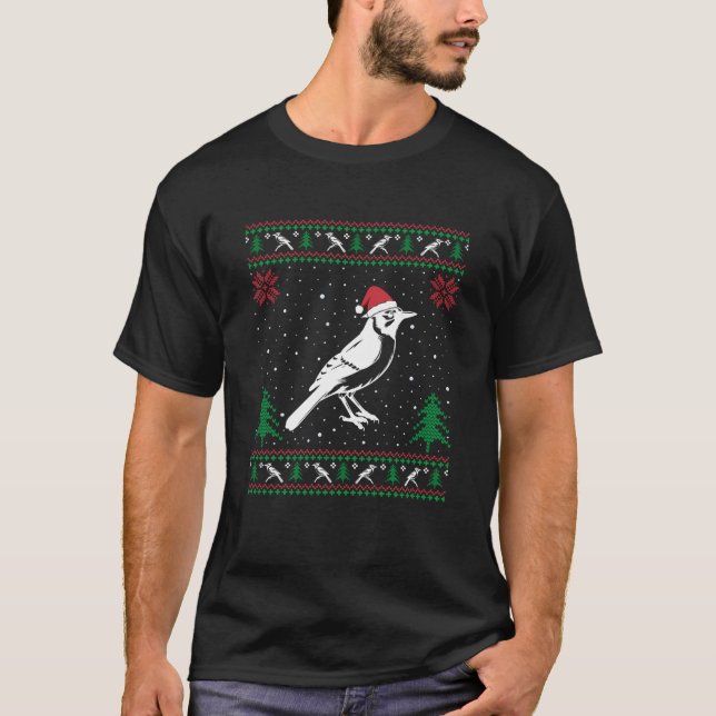 Camiseta Engraçado Blue Jay Bird Aproxima Santa Hat Ugly Ch (Frente)
