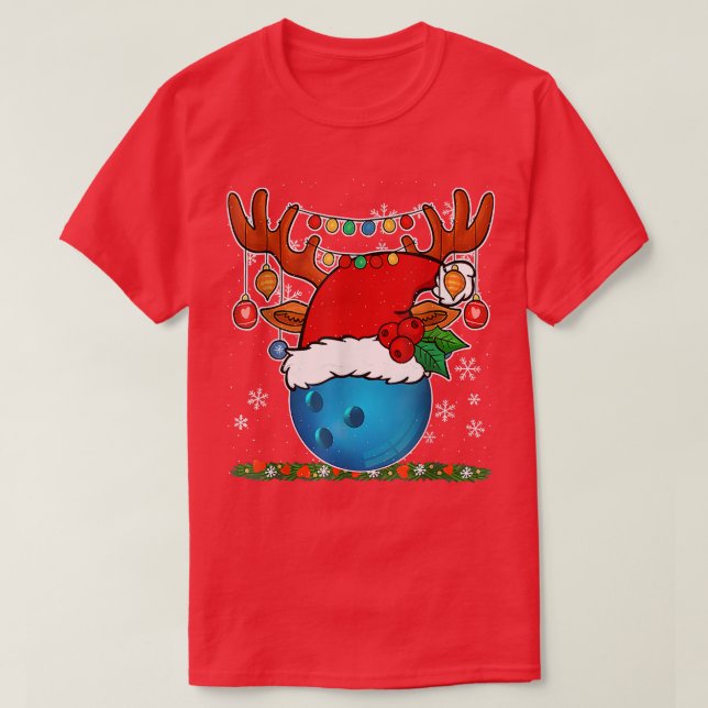 Camiseta Engraçado Boliche Santa Hat Reindeer Cristo do Nat (Frente do Design)