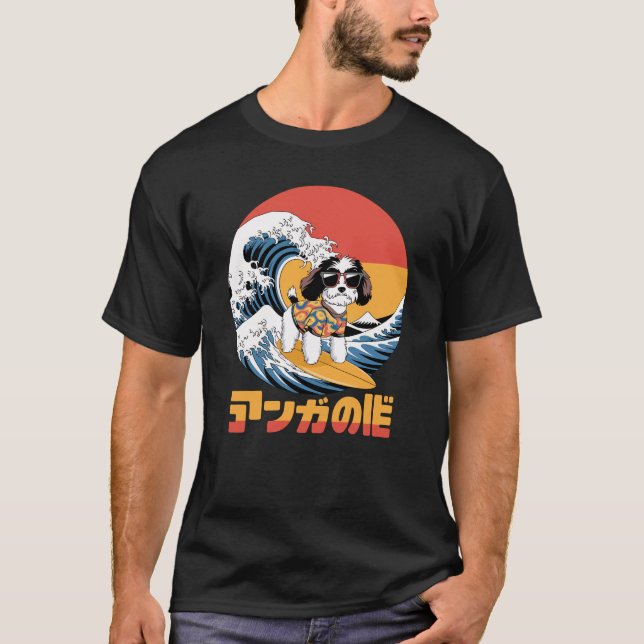 Camiseta Engraçado Bordoodle Japonês Kanagawa Cão-Onda (Frente)