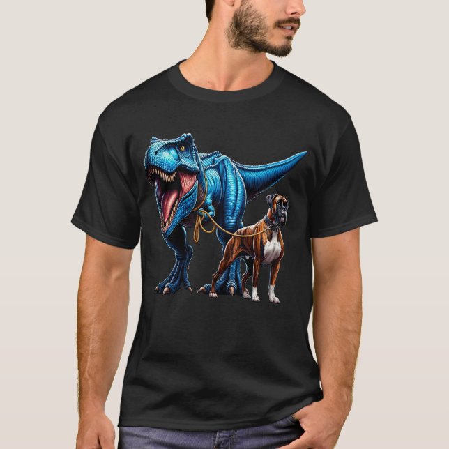 Camiseta Engraçado Boxer Dinossauro Caminhando Cachorro (Frente)