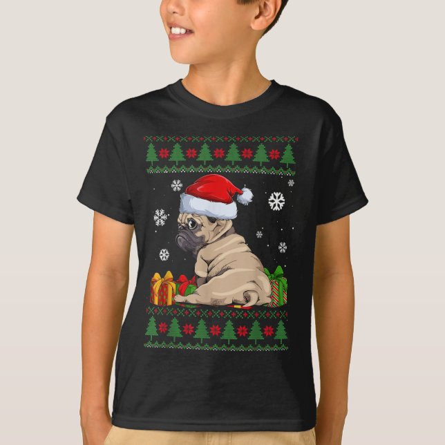 Camiseta Engraçado Cachorro amante Bonito Pug Santa Hat Fei (Frente)