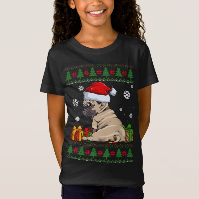 Camiseta Engraçado Cachorro amante Bonito Pug Santa Hat Fei (Frente)