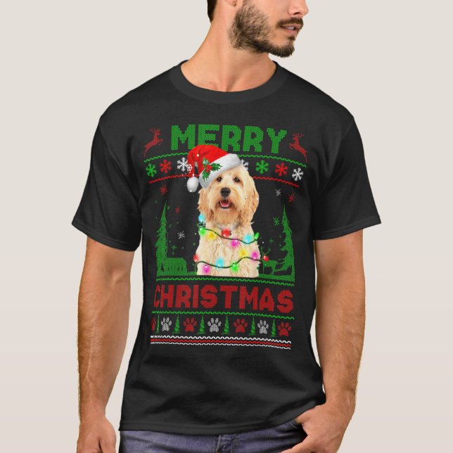 Camiseta Engraçado Cachorro Cachorro Árvore Natal Luzes de  (Frente)