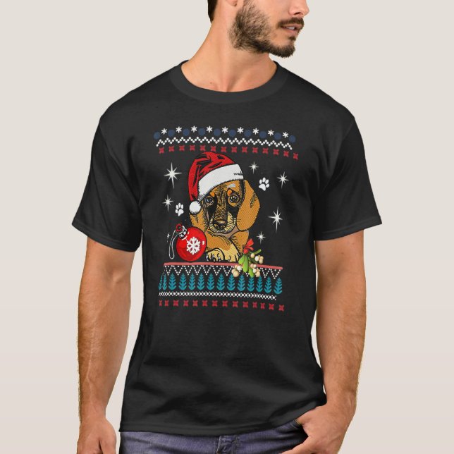 Camiseta Engraçado Cachshund Santa Hat Feio Natal Sueco (Frente)