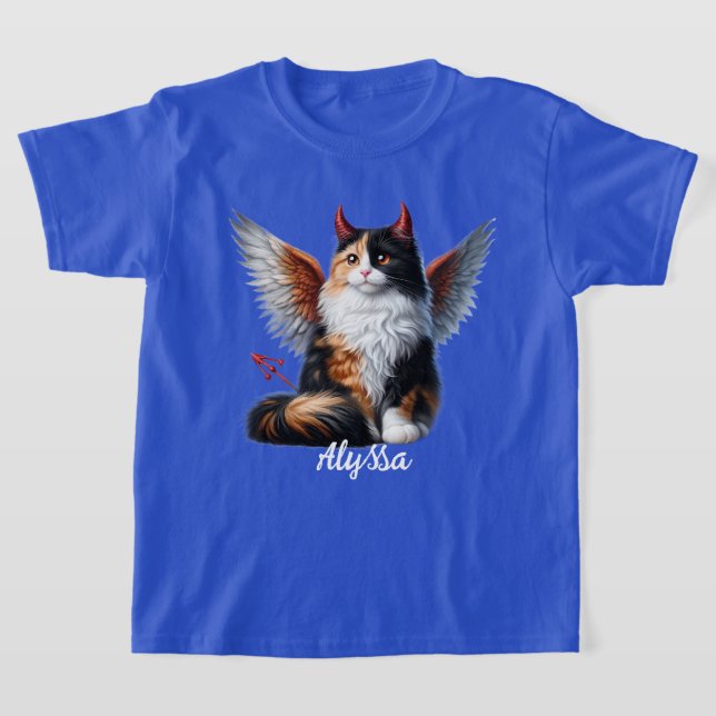 Camiseta Engraçado Calico Demon e Angel Cat (Postura )