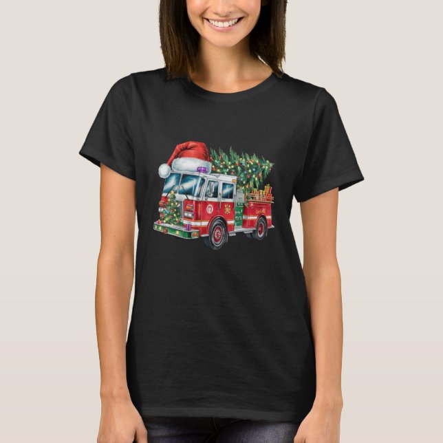 Camiseta Engraçado caminhão de bombeiro Santa Hat Luzes de  (Frente)