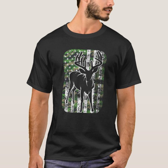 Camiseta Engraçado Camuflagem Americana Deer Hunting Presen (Frente)