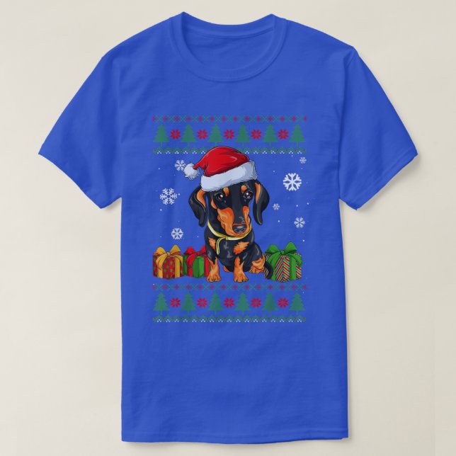 Camiseta Engraçado Cão ama Dachshund Santa Hat Ugly Christm (Frente do Design)