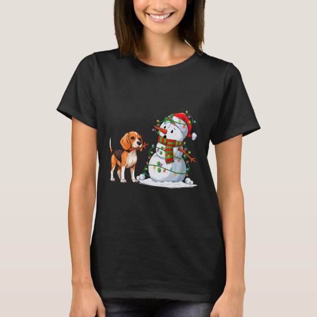 Camiseta Engraçado Cão Neve Árvore De Natal Luzes Xma (Frente)