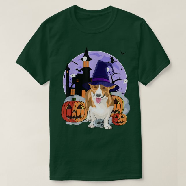 Camiseta Engraçado Cardigan Welsh Dog Halloween Bruxas Pump (Frente do Design)