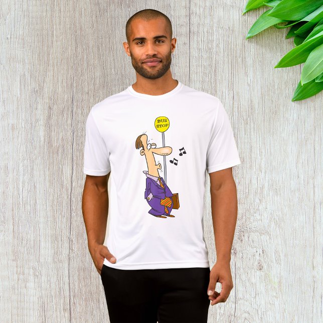 Camiseta Engraçado Cartoon Businessman no Bus Stop (Criador carregado)