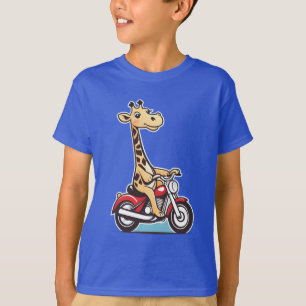 Camiseta Engraçado Cartoon Giraffe Dirigindo Uma Moto,