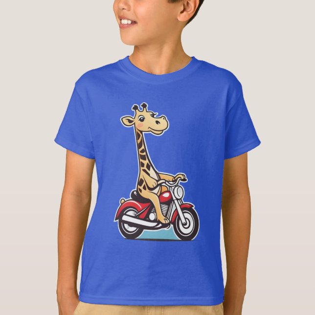 Camiseta Engraçado Cartoon Giraffe Dirigindo Uma Moto, (Frente)