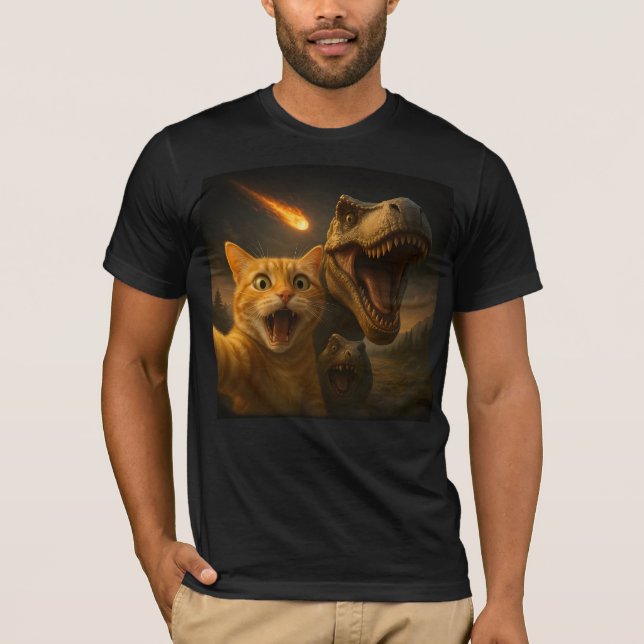 Camiseta Engraçado Cat Dino Selfie Meteor Meme Surreal Apoc (Frente)