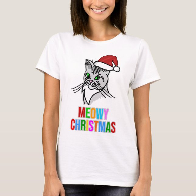 Camiseta Engraçado Cat Meowy Natal (Frente)