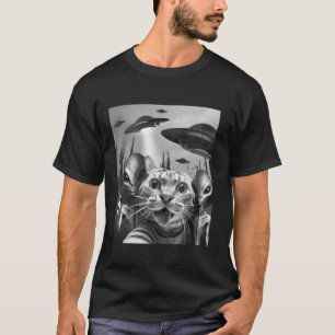 Camiseta Engraçado Cat Selfie com OVNIs Alienígena de Sinal