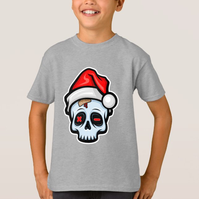 Camiseta Engraçado Caveira de Natal, Estilo de Cartoon (Frente)