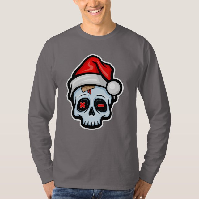 Camiseta Engraçado Caveira de Natal, Estilo de Cartoon (Frente)
