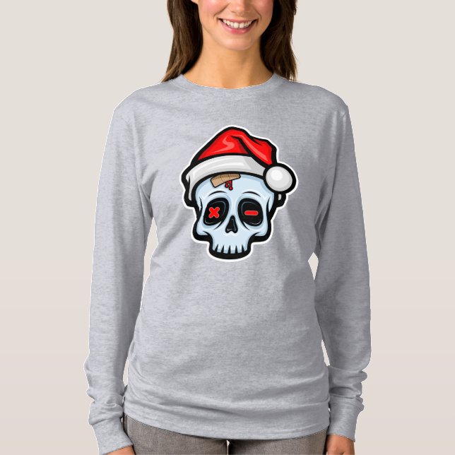 Camiseta Engraçado Caveira de Natal, Estilo de Cartoon (Frente)
