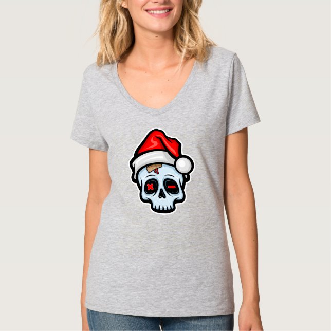 Camiseta Engraçado Caveira de Natal, Estilo de Cartoon (Frente)