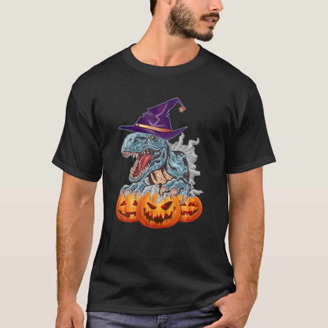 Camiseta Engraçado Chapéu De Bruxa De Dinossauro Com Pumpki (Frente)