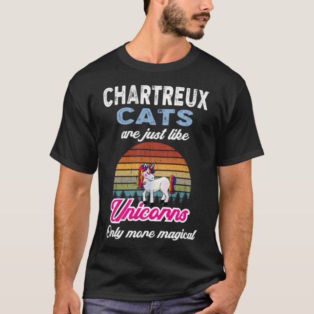 Camiseta Engraçado Chartreux Cats Design Retro Unicorn Vint (Frente)